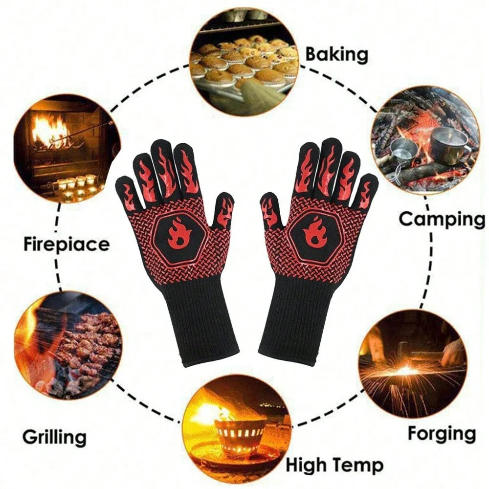 2PCS 500 Heat-insulating Resistant BBQ Gloves Fireplace Grilling Gloves Anti-scald Oven Glove for Ktichen Baking Grill Microwave