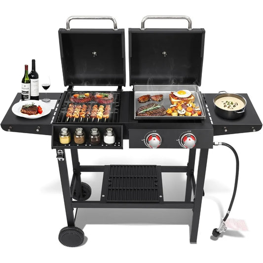 Gas and Charcoal Grill Combo, BBQ Grills with Cast Iron Grill Grates and Stainless Steel Flat Top Griddle, 2 Burner, Customized