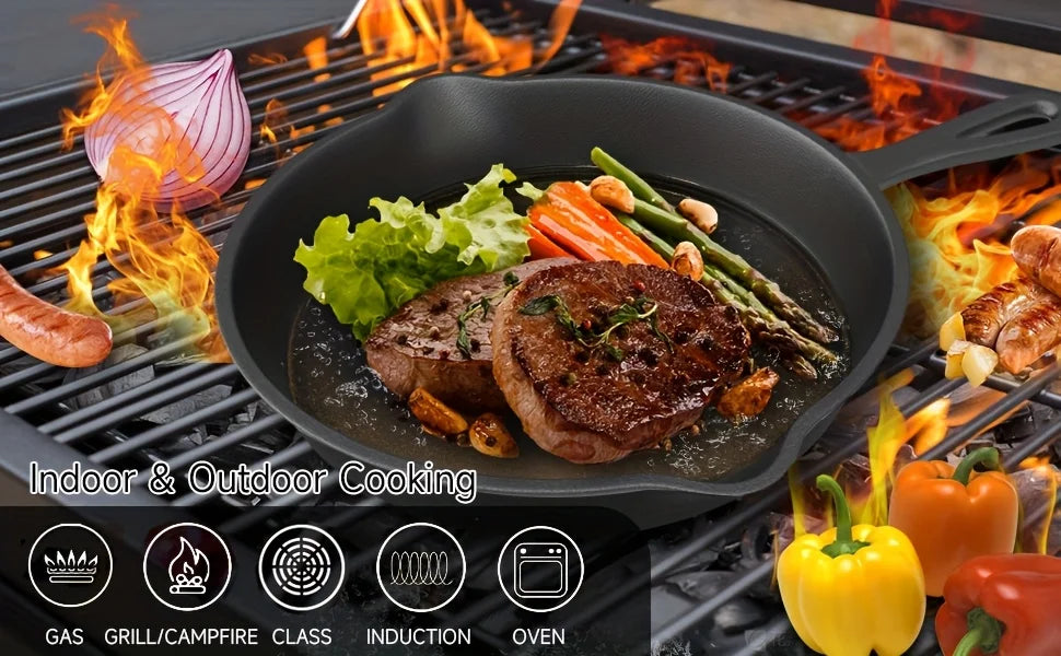 3-Piece Cast Iron Skillet Set (6/8/10 Inch) - Pre-Seasoned, Non-Stick, Heavy-Duty Pans for Oven, Grill & Campfire Cooking, see optional pizza pan