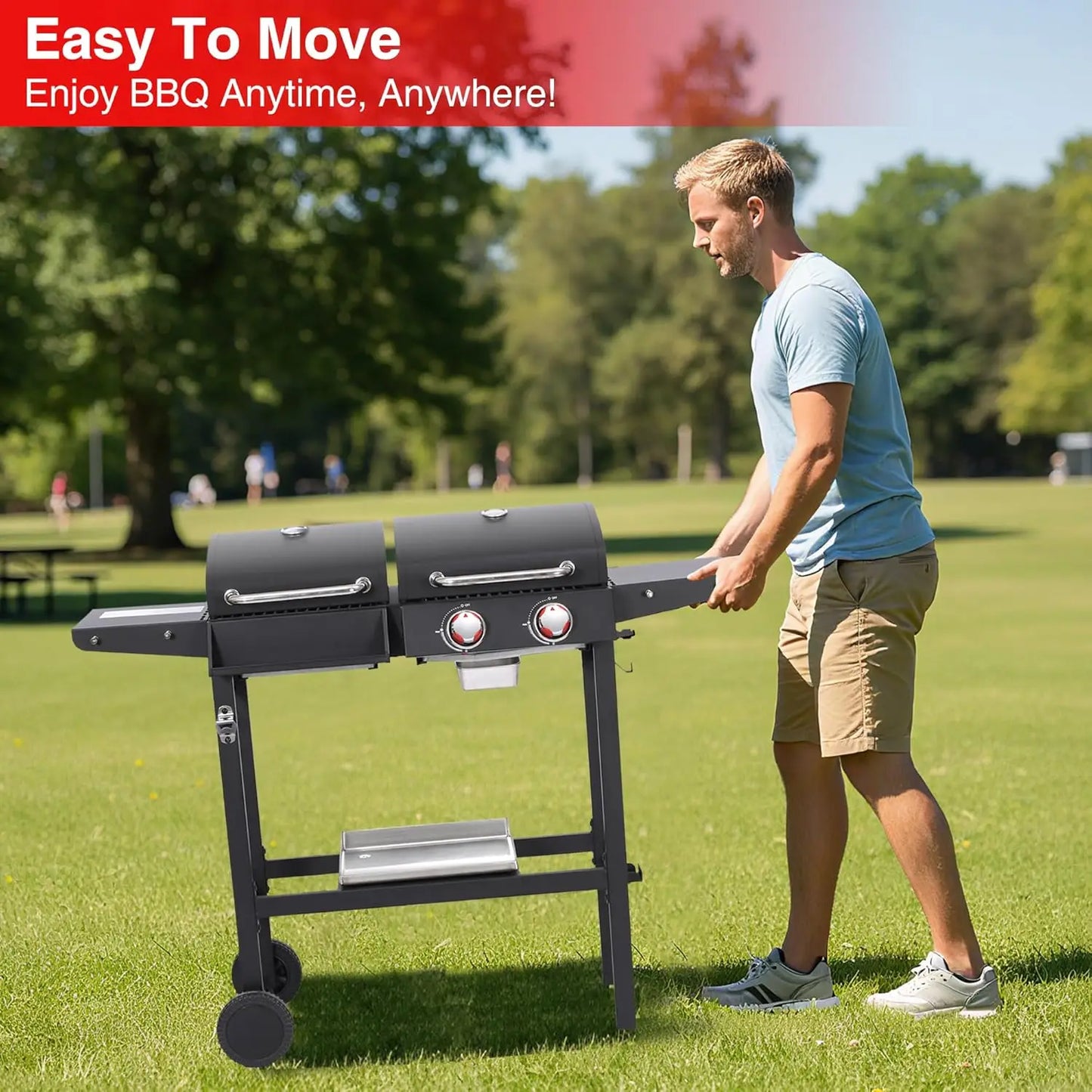 Gas and Charcoal Grill Combo, BBQ Grills with Cast Iron Grill Grates and Stainless Steel Flat Top Griddle, 2 Burner, Customized