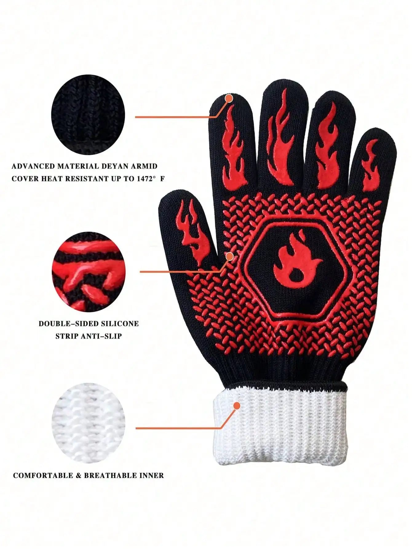 2PCS 500 Heat-insulating Resistant BBQ Gloves Fireplace Grilling Gloves Anti-scald Oven Glove for Ktichen Baking Grill Microwave