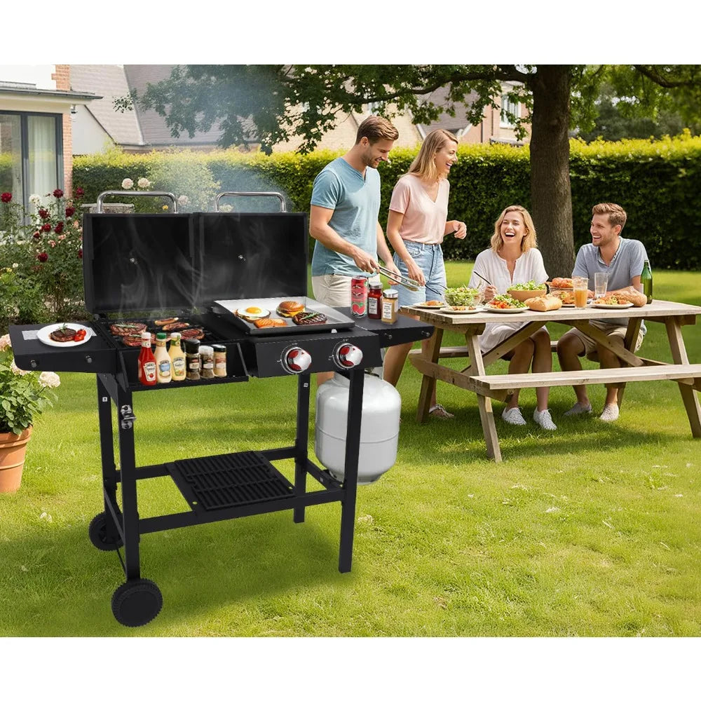Gas and Charcoal Grill Combo, BBQ Grills with Cast Iron Grill Grates and Stainless Steel Flat Top Griddle, 2 Burner, Customized