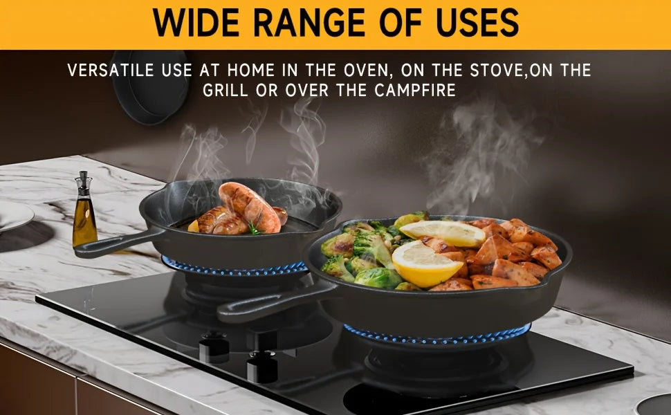 3-Piece Cast Iron Skillet Set (6/8/10 Inch) - Pre-Seasoned, Non-Stick, Heavy-Duty Pans for Oven, Grill & Campfire Cooking, see optional pizza pan