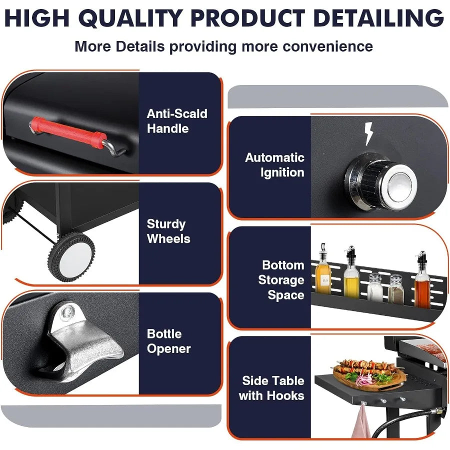 Propane and Charcoal Grill Combo Gas Griddle Grill with Dual Fuel Lids Side Shelves Non-Slip Silicone Gloves Black
