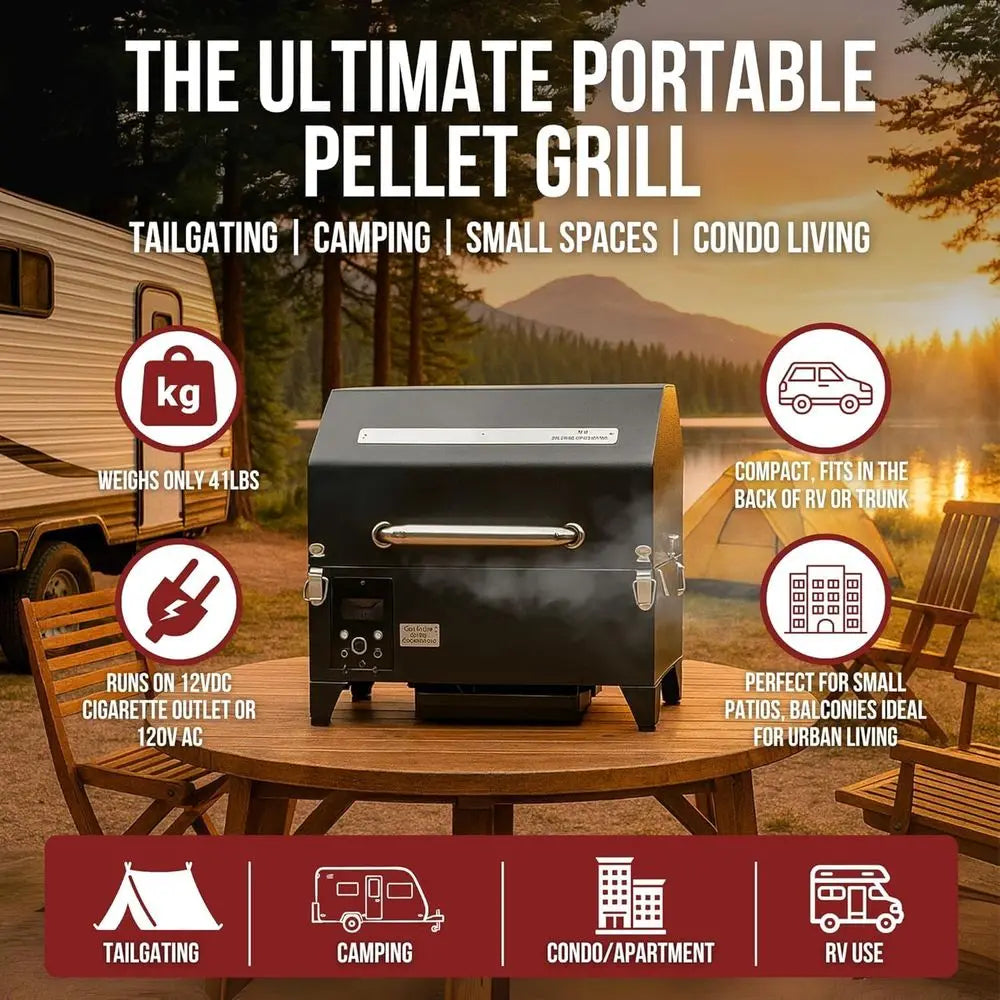 Portable Electric Smoker Grill - 12V/120V Pellet BBQ, Camping, and Backyard Cooking | Digital Control, Dual Probes, 8.5LB Hopper