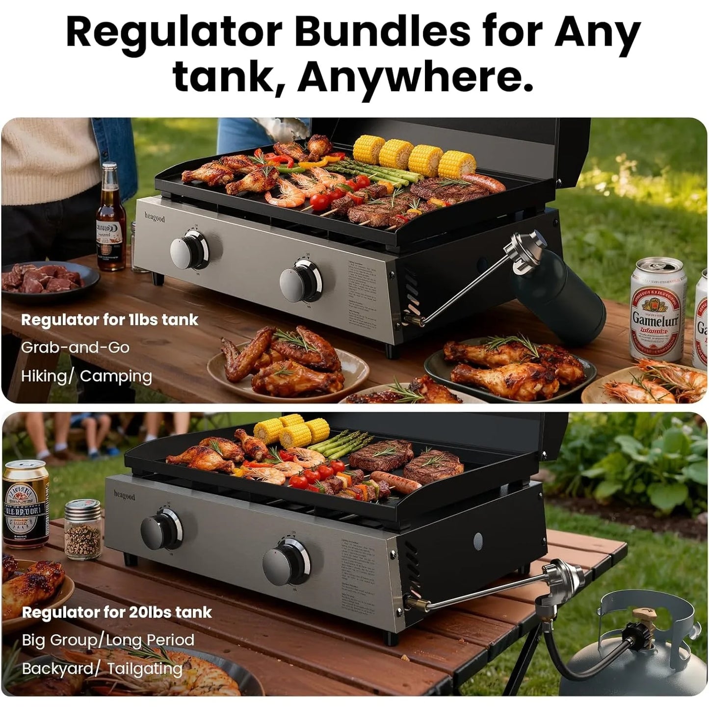 Flat Top Gill, Outdoor Griddle 22” Tabletop Gas Griddle with Hood for Outdoor Camping (24000 BTU, 2 Burner, Carbon Steel Plate)