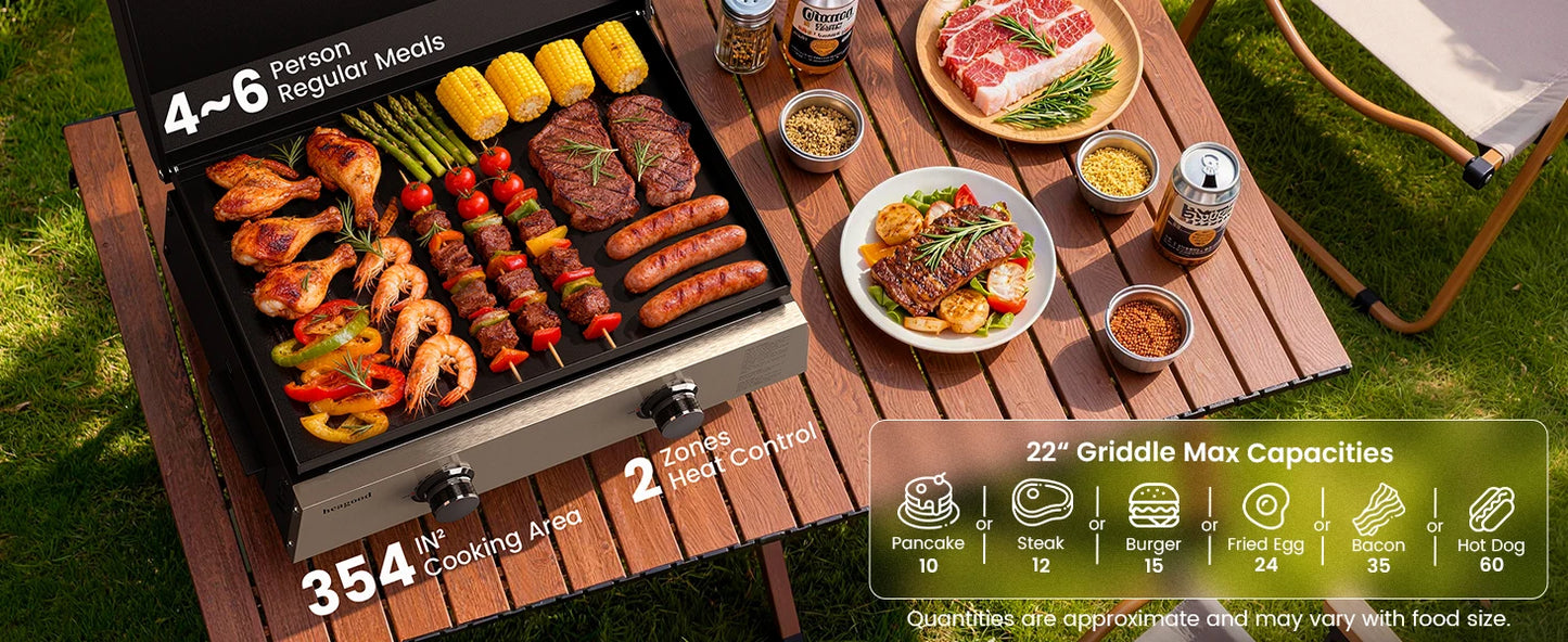 Flat Top Gill, Outdoor Griddle 22” Tabletop Gas Griddle with Hood for Outdoor Camping (24000 BTU, 2 Burner, Carbon Steel Plate)