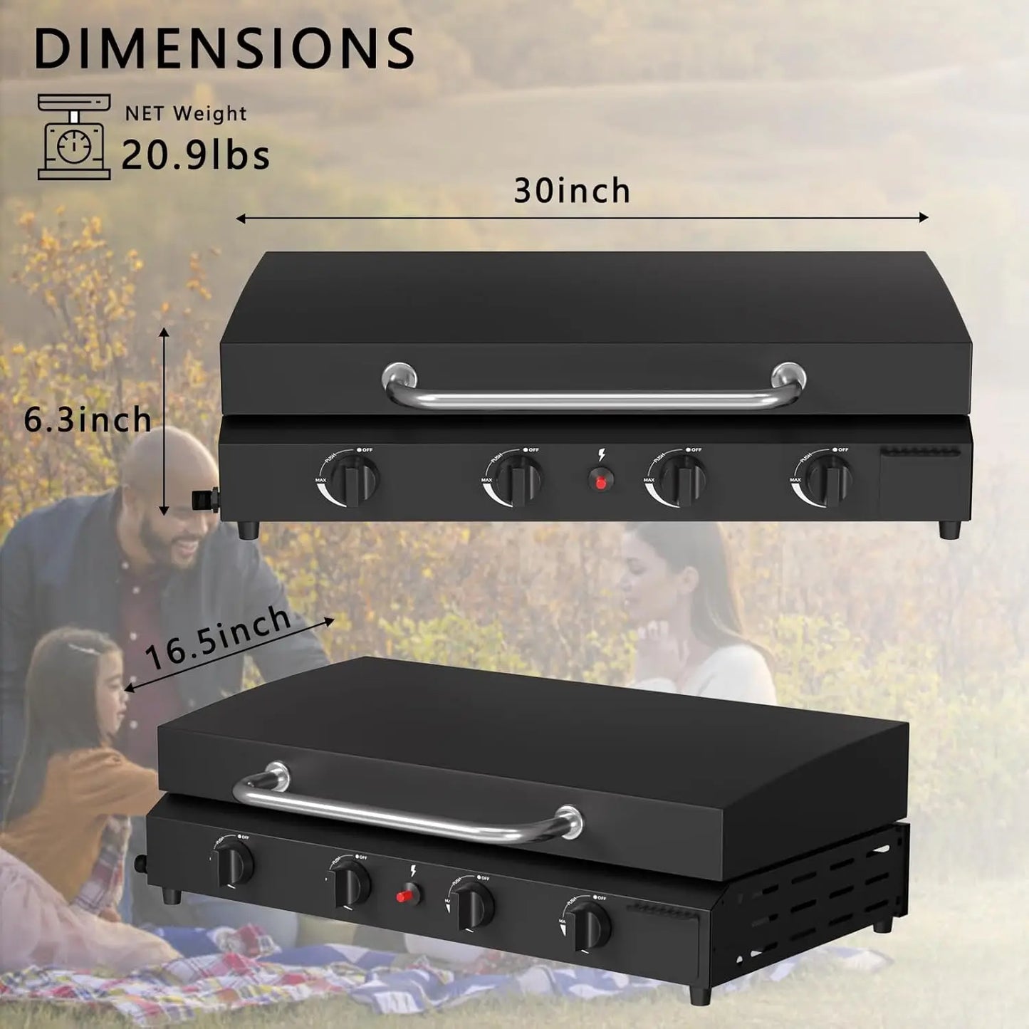 4 Burner Gas Griddle with Hood- 30 Inch Outdoor Propane Griddle-60000 BTU Propane Fuelled, Portable Flat Top Gas, Customized