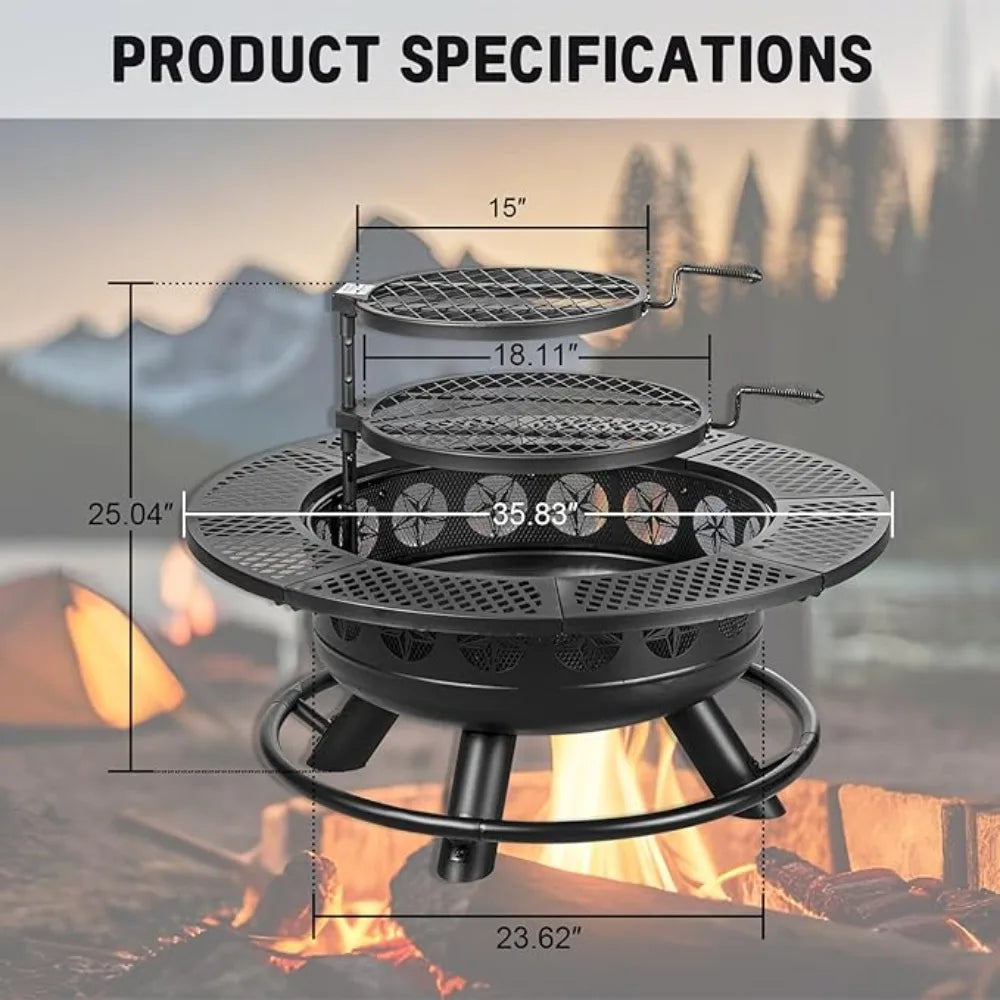 36 Inch Fire Pit with 2 Cooking Grills,Outdoor Wood Burning BBQ Firepit with Lid, 3-in-1 Outdoor Fire Pit for Backyard Deck