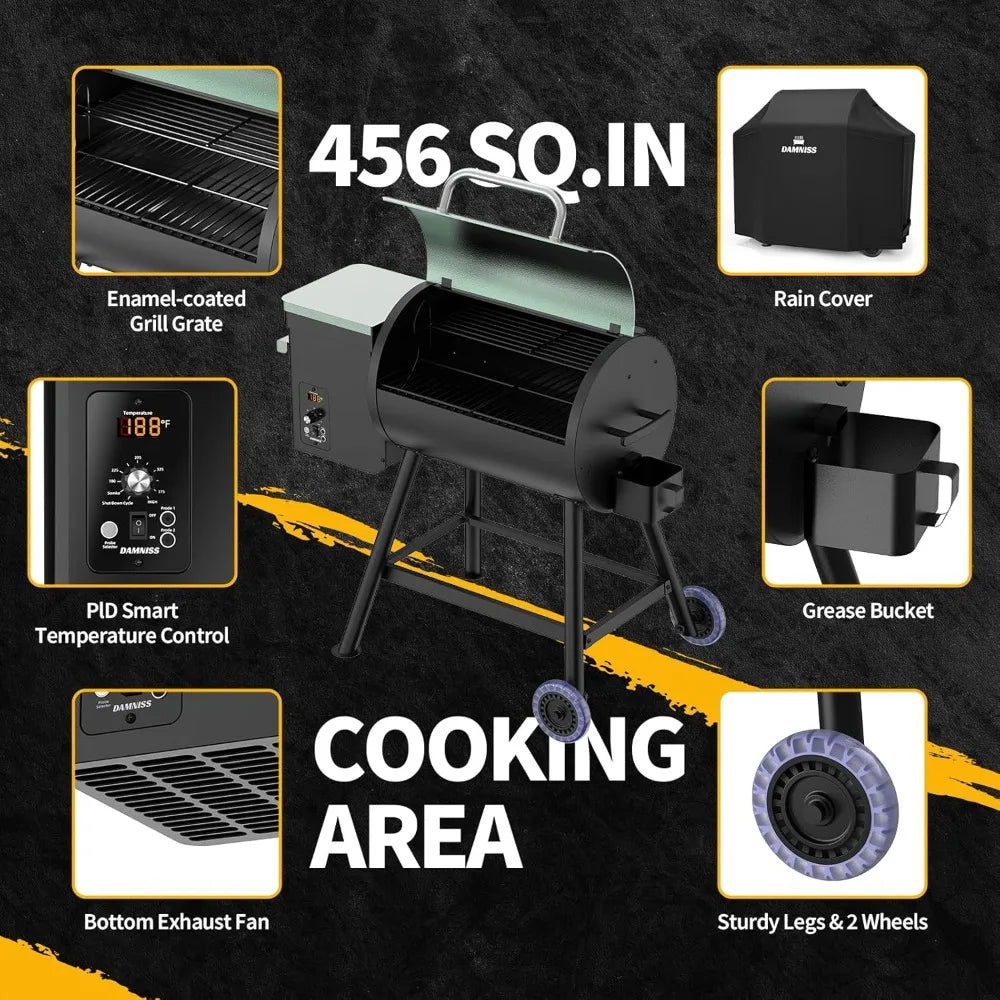 US Shipping Electric Wood Pellet Smoker Grill 8 in 1 BBQ Grill Auto Feed PID Temperature Control 180-450F with Rain Cover 456