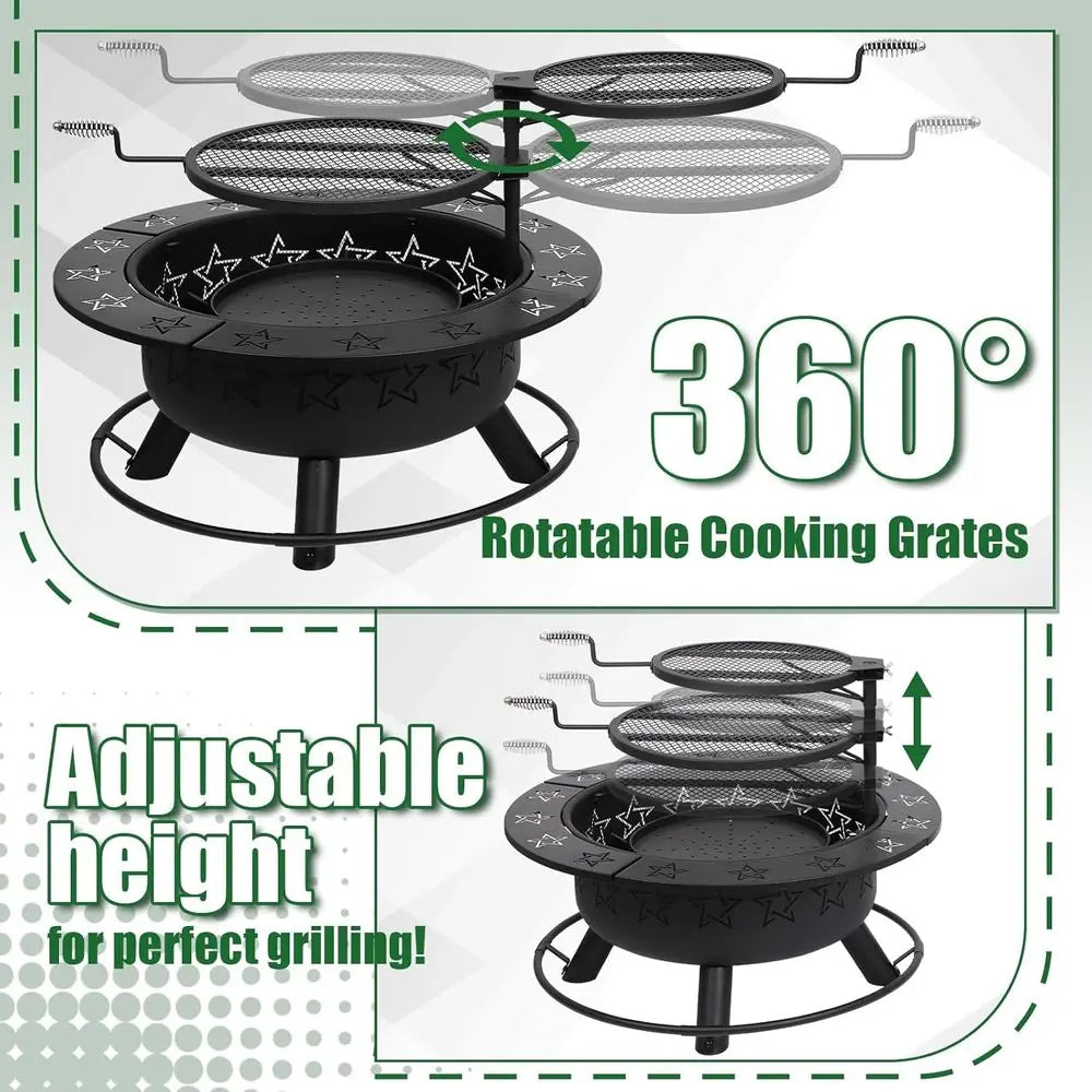 3-in-1 Outdoor Fire Pit Table: Wood-Burning, BBQ, and Patio Dining with Grills, Charcoal Pan, and Accessories