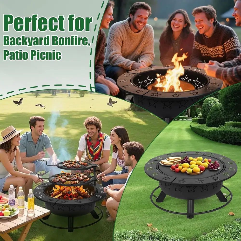 3-in-1 Outdoor Fire Pit Table: Wood-Burning, BBQ, and Patio Dining with Grills, Charcoal Pan, and Accessories