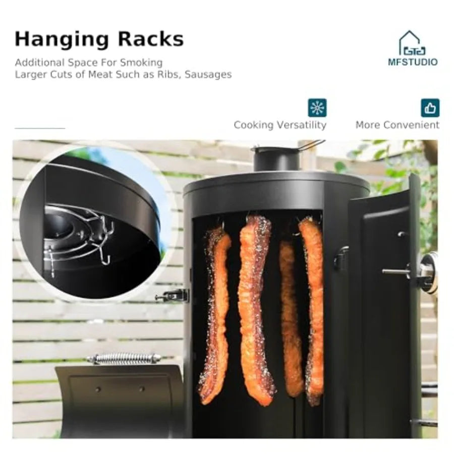 Extra Large Vertical Offset Smoker Charcoal Grill Barrel Combo with Hanging Racks and 5 Removable Grates for Outdoor BBQ Cookin