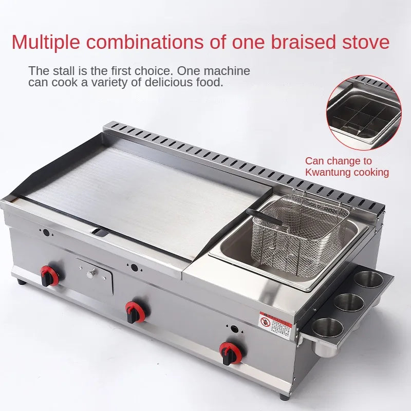 100-130cm Commercial Gas Teppanyaki Griddle & Fryer Combo | For Pancake & Braised Squid Grilling | Flat Top Cooking Station
