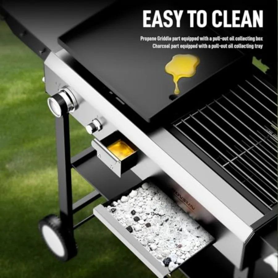 2-in-1 Propane Gas and Charcoal Grill Combo with Lid 12000BTU Flat Top Griddle Charcoal BBQ Grill with Electronic Ignition Enam