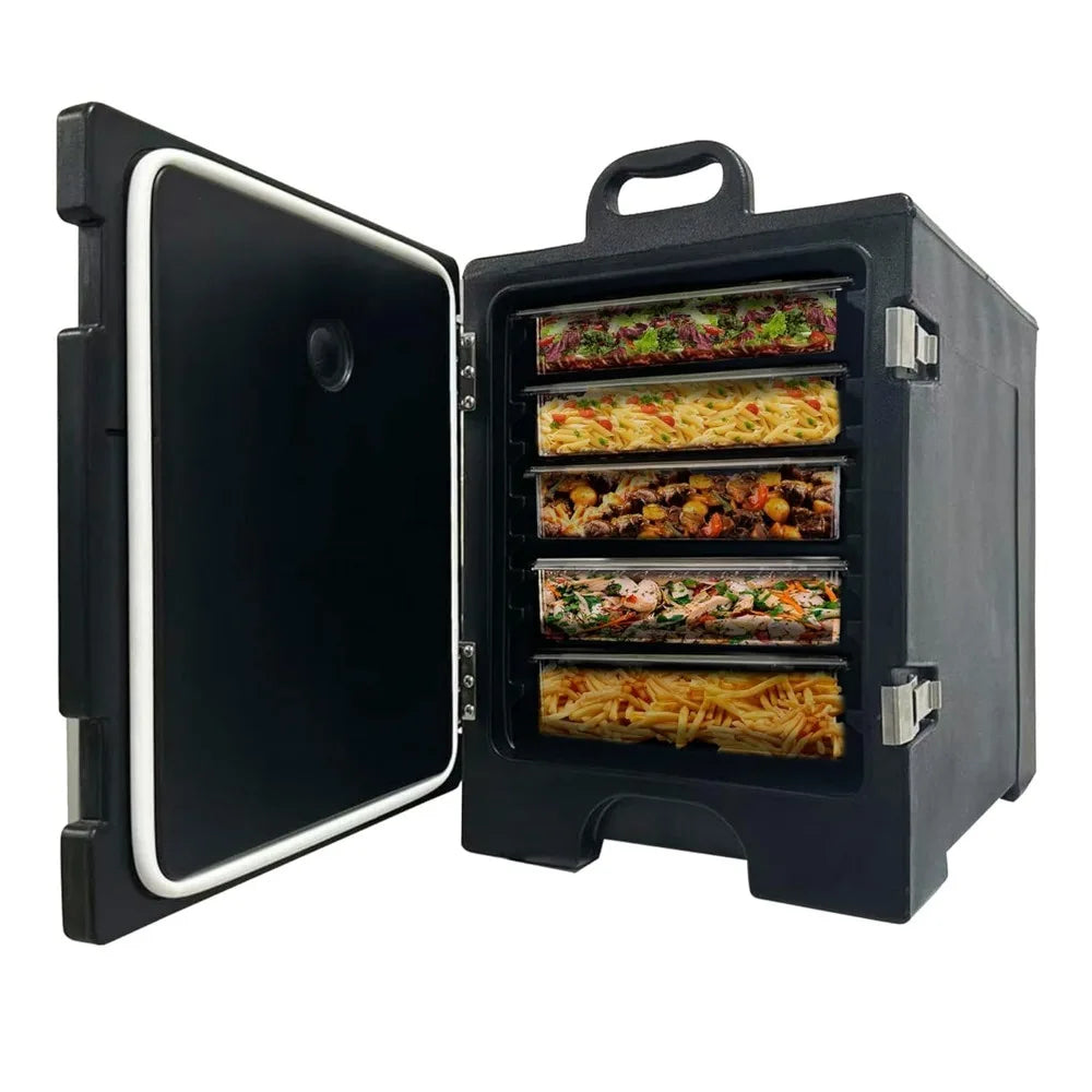 Insulated Food Pan Carrier End Loading Hot Box Warmer for 5 Full Size Pans Stackable Commercial Grade Black Stainless Steel