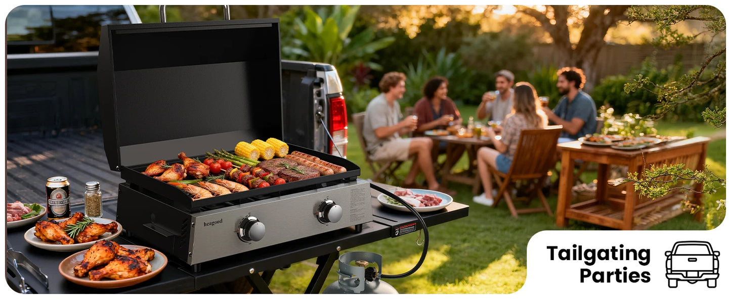 Flat Top Gill, Outdoor Griddle 22” Tabletop Gas Griddle with Hood for Outdoor Camping (24000 BTU, 2 Burner, Carbon Steel Plate)