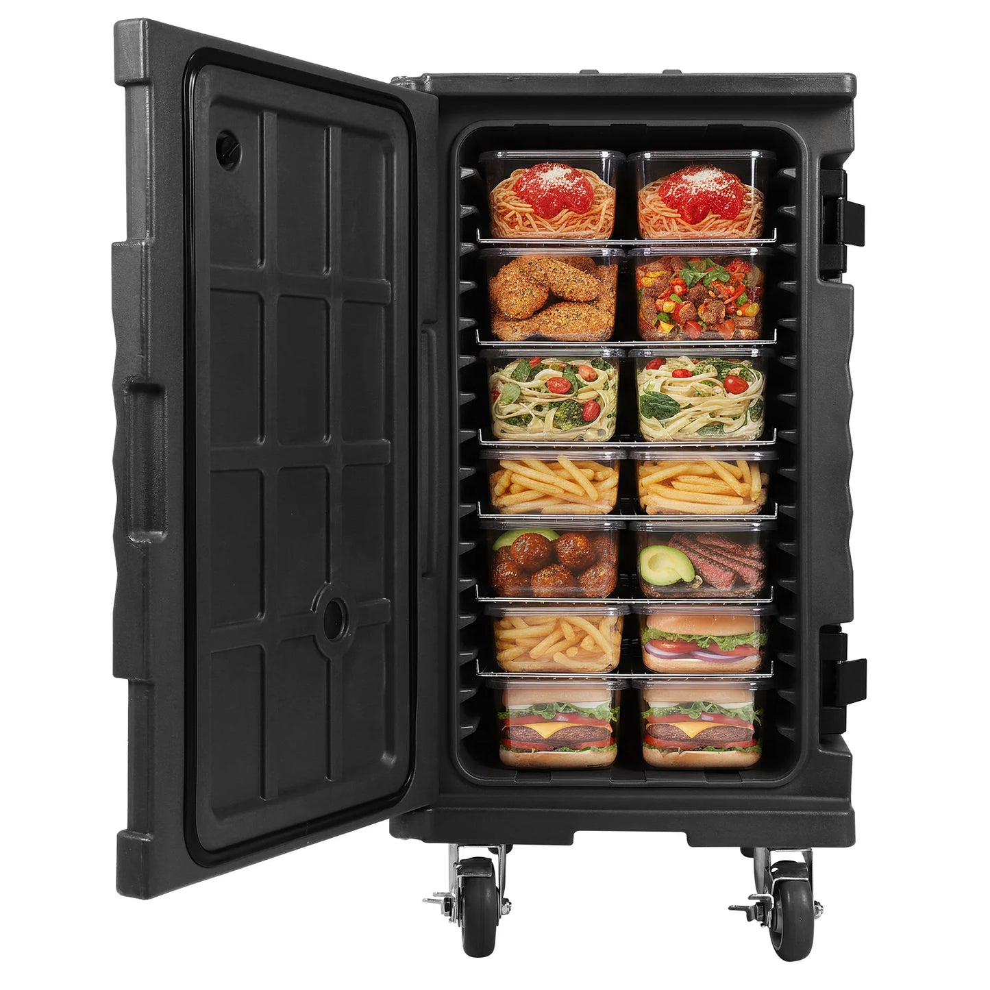 118QT Front Loading Insulated Food Pan Carrier Stackable Catering Dishbox with Wheels W/Handles for Restaurant Canteen