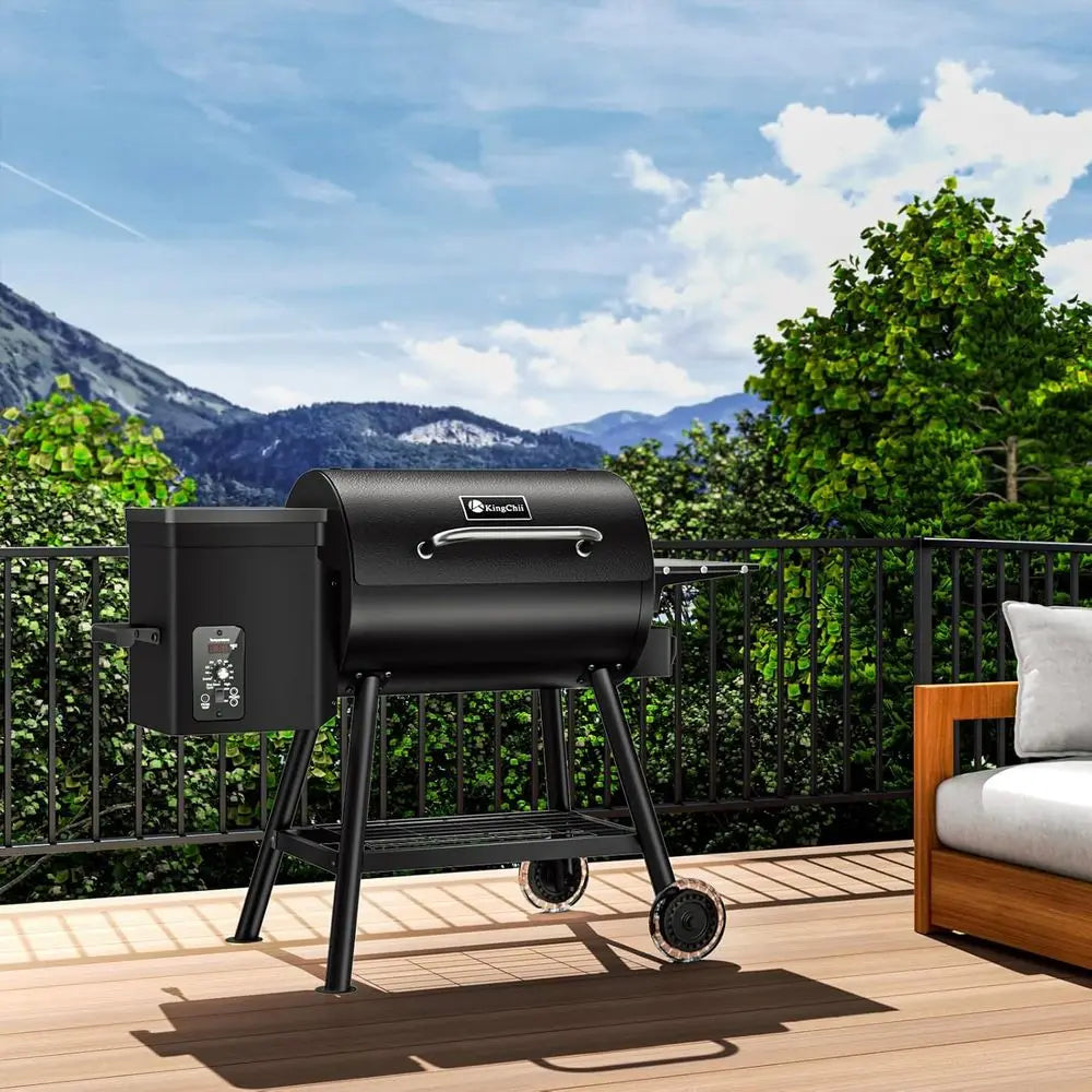 Black Wood Pellet Grill and Smoker with Side Shelf, 456 Sq. In. Cooking Area, Temperature Control 180-425°F for Backyard Cooking