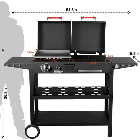Propane and Charcoal Grill Combo Gas Griddle Grill with Dual Fuel Lids Side Shelves Non-Slip Silicone Gloves Black