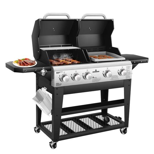 Gas Grill & Flat Top Griddle Combo 54,000 BTU Dual Cooking System,5-Burner Grill Stove Stainless Steel Panel,for Outdoor Cooking