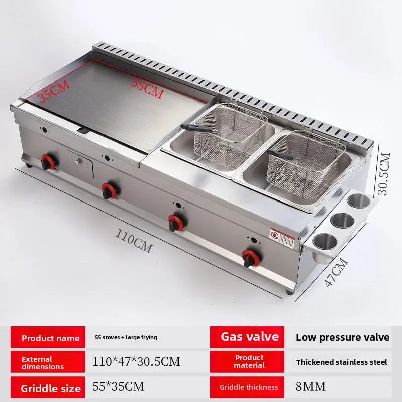 100-130cm Commercial Gas Teppanyaki Griddle & Fryer Combo | For Pancake & Braised Squid Grilling | Flat Top Cooking Station