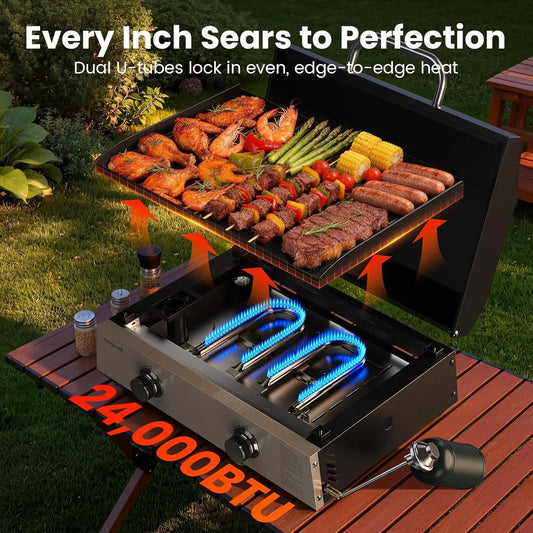 Flat Top Gill, Outdoor Griddle 22” Tabletop Gas Griddle with Hood for Outdoor Camping (24000 BTU, 2 Burner, Carbon Steel Plate)