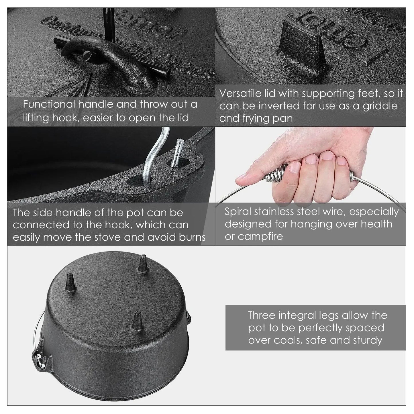 5/9/12.5 Quart Cast Iron Dutch Oven Camping Pot Outdoor Portable Multi-function Cookware Stew Barbecue Soup Picnic Pot