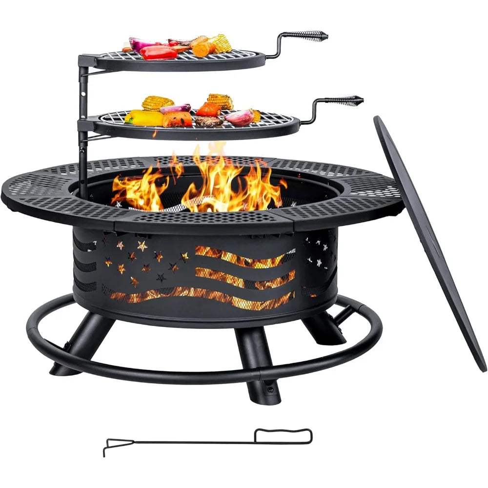 Fire Pit with 2 Cooking Grates, Outdoor Wood Burning BBQ Grill Firepit Bowl with Cover Lid, Steel Round Table for Customized