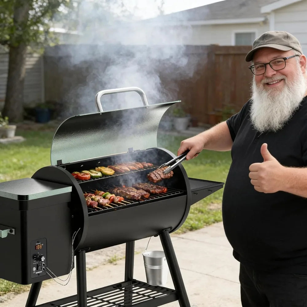 US Shipping Electric Wood Pellet Smoker Grill 8 in 1 BBQ Grill Auto Feed PID Temperature Control 180-450F with Rain Cover 456