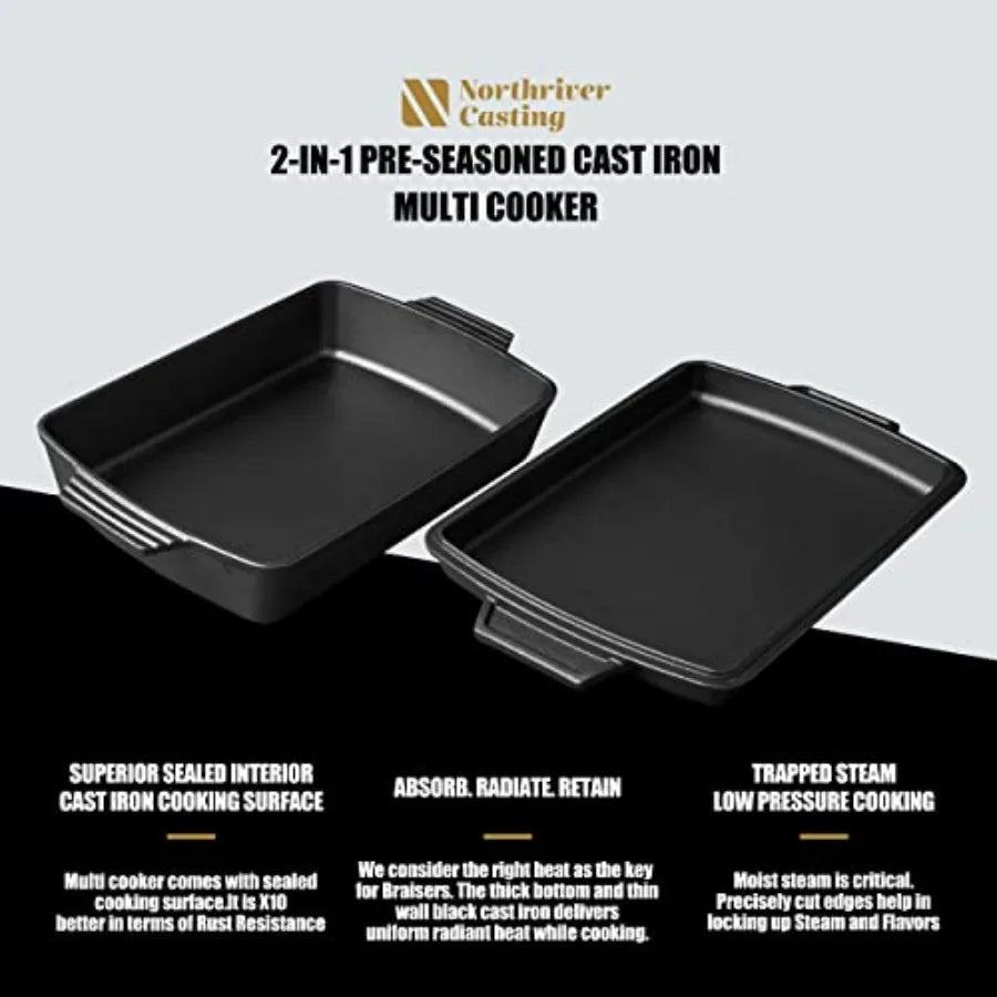 2In1 Pre Seasoned Cast Iron Dutch Oven With Skillet LidCasserole Dish Rectangular Baking Pan Griddle Pot Set 6QT 9x13