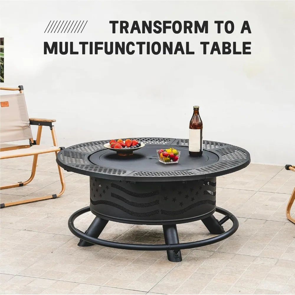 Fire Pit with 2 Cooking Grates, Outdoor Wood Burning BBQ Grill Firepit Bowl with Cover Lid, Steel Round Table for Customized