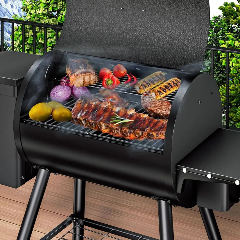 Black Wood Pellet Grill and Smoker with Side Shelf, 456 Sq. In. Cooking Area, Temperature Control 180-425°F for Backyard Cooking