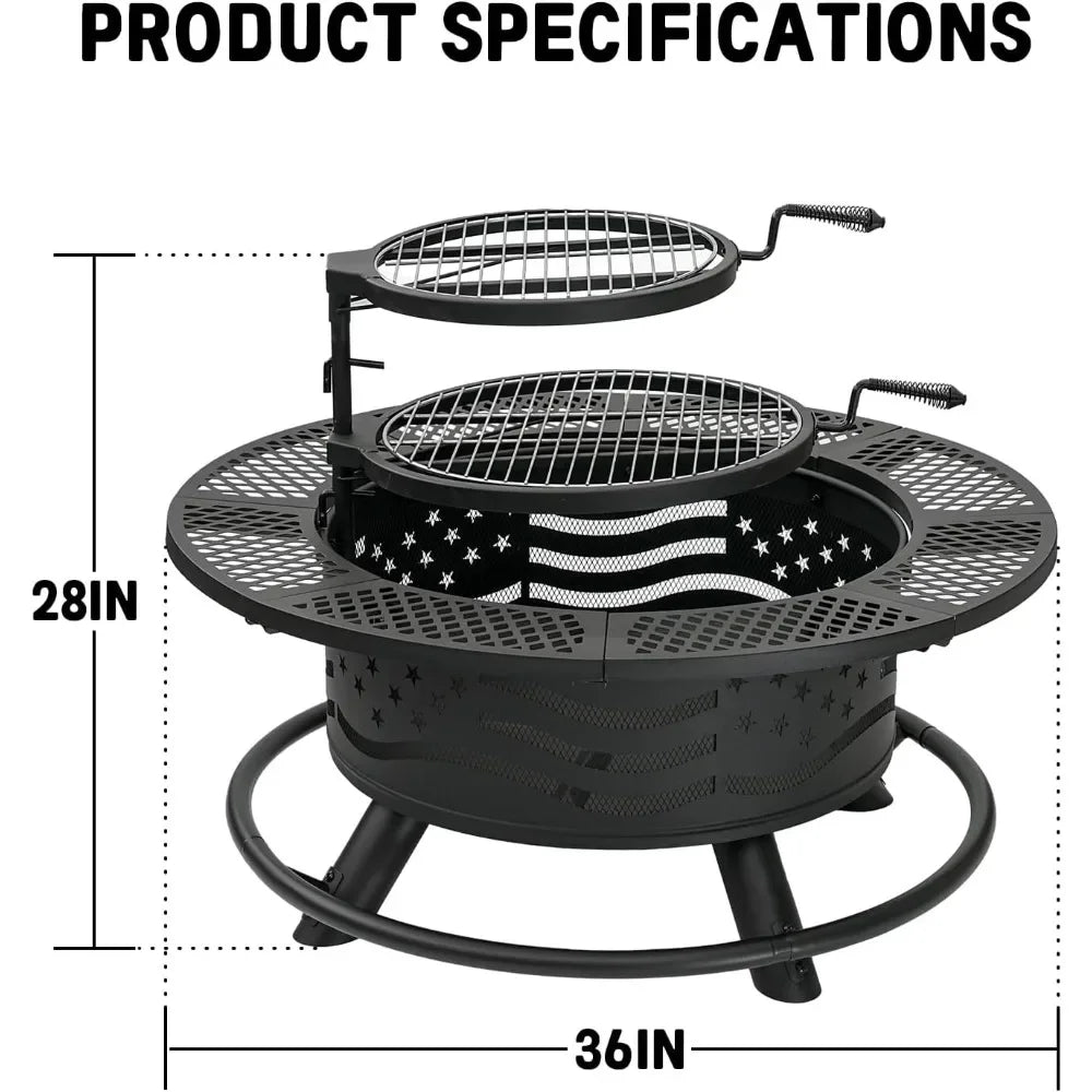 Fire Pit with 2 Cooking Grates, Outdoor Wood Burning BBQ Grill Firepit Bowl with Cover Lid, Steel Round Table for Customized
