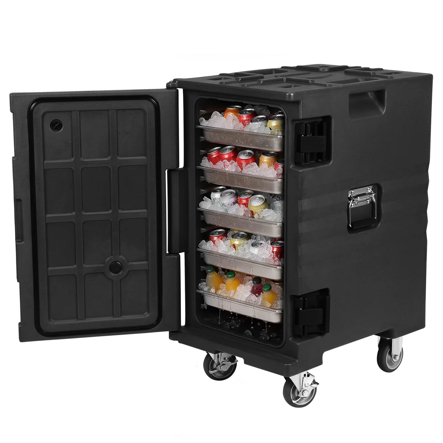 118QT Front Loading Insulated Food Pan Carrier Stackable Catering Dishbox with Wheels W/Handles for Restaurant Canteen