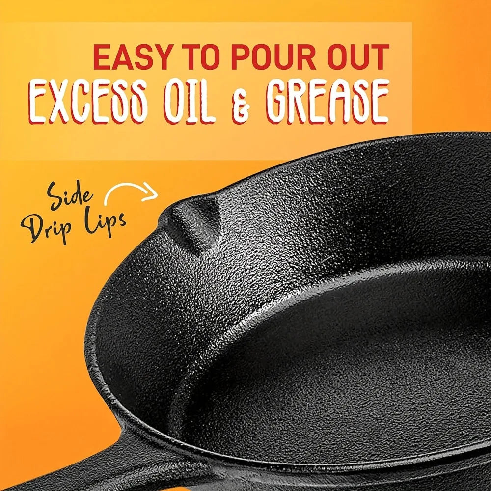 3-Piece Cast Iron Skillet Set (6/8/10 Inch) - Pre-Seasoned, Non-Stick, Heavy-Duty Pans for Oven, Grill & Campfire Cooking, see optional pizza pan
