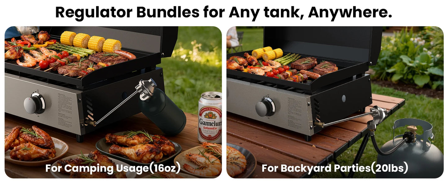 Flat Top Gill, Outdoor Griddle 22” Tabletop Gas Griddle with Hood for Outdoor Camping (24000 BTU, 2 Burner, Carbon Steel Plate)