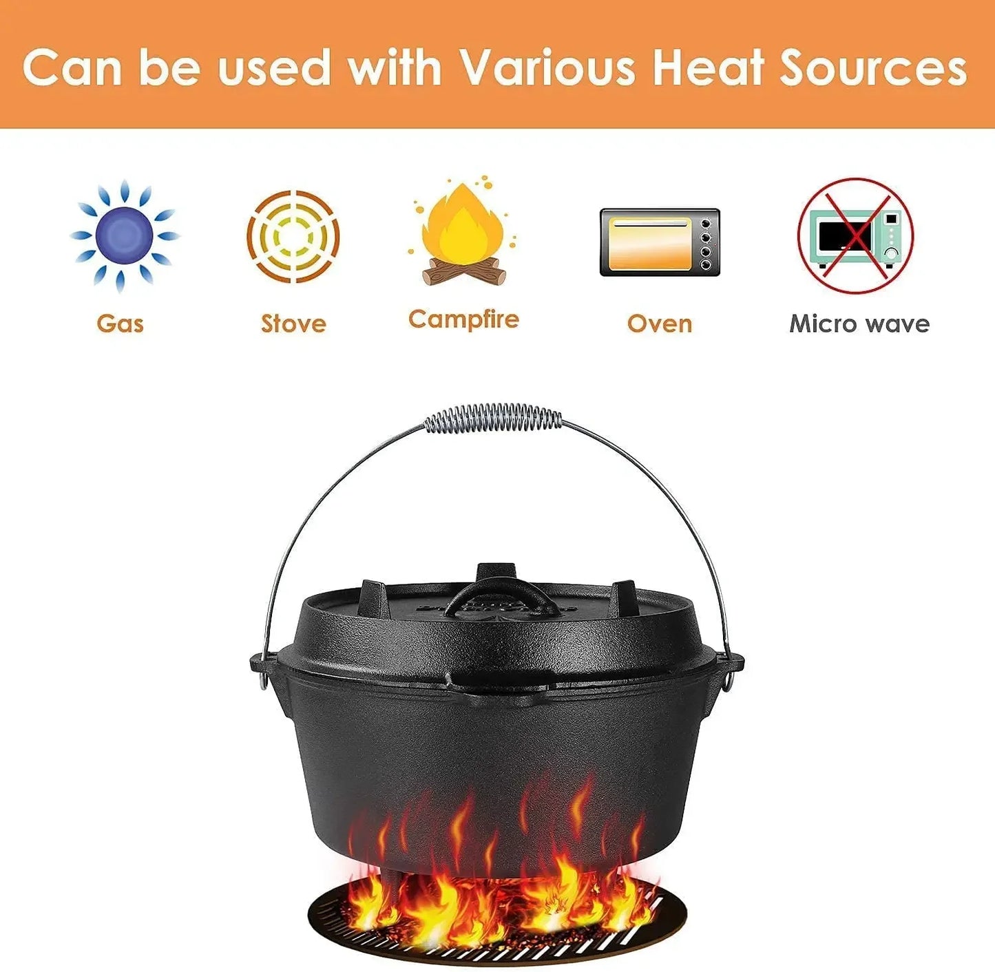 5/9/12.5 Quart Cast Iron Dutch Oven Camping Pot Outdoor Portable Multi-function Cookware Stew Barbecue Soup Picnic Pot