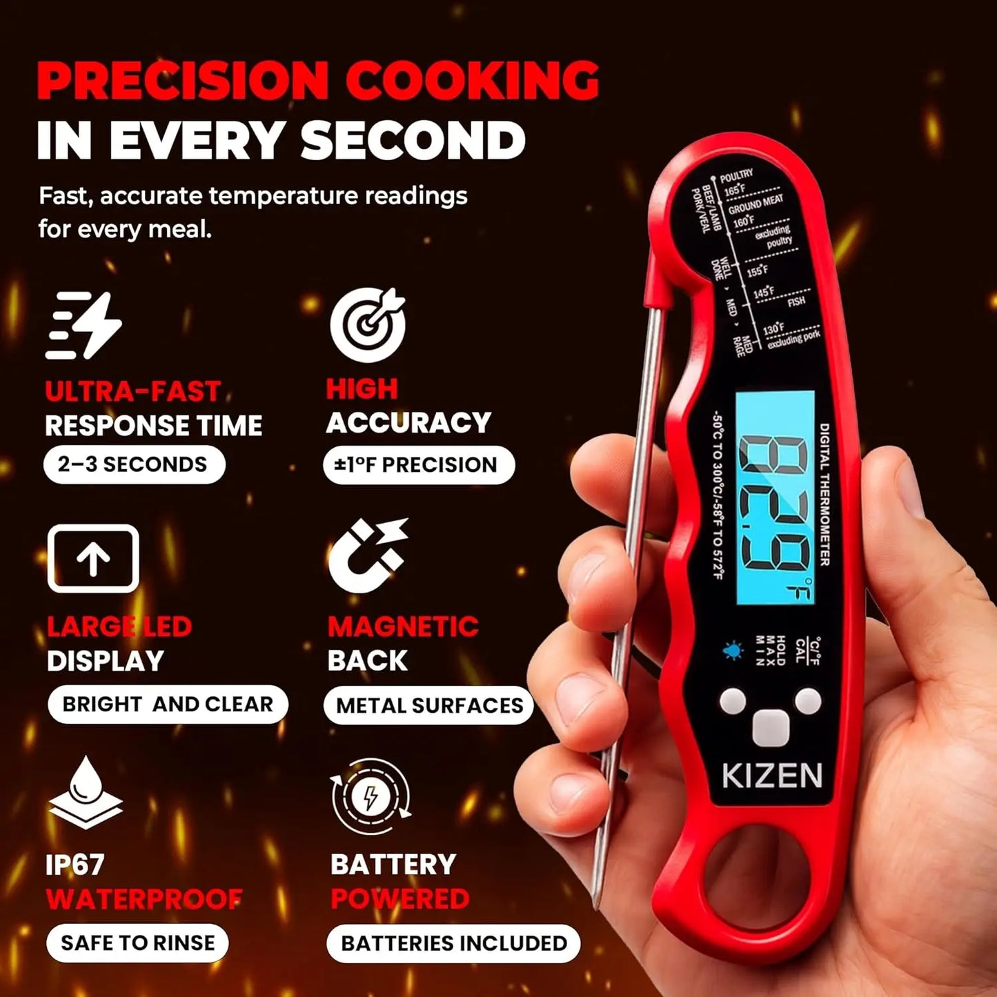Instant Read Digital Meat Thermometer for Cooking, Grilling, Oven & BBQ - Waterproof with Backlit Display