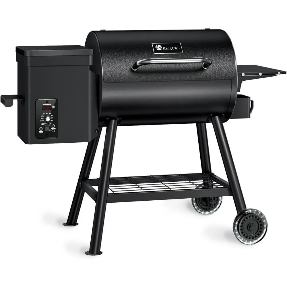 Black Wood Pellet Grill and Smoker with Side Shelf, 456 Sq. In. Cooking Area, Temperature Control 180-425°F for Backyard Cooking