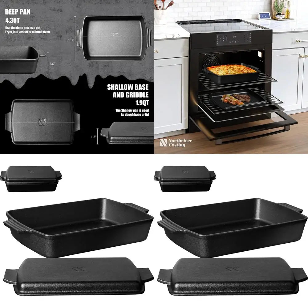 2-In-1 Pre Seasoned Cast Iron Dutch Oven With Skillet Lid,Casserole Dish,Rectangular Baking Pan,Griddle Pot Set, 6QT, 9"x13"