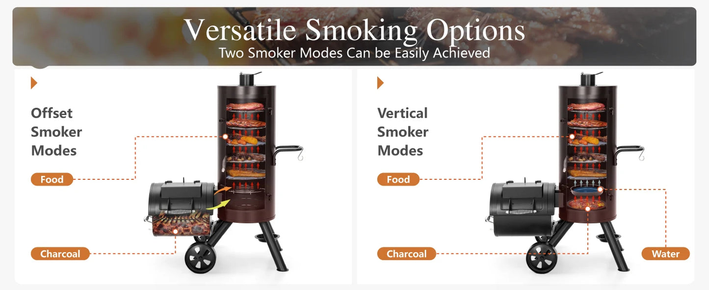 Heavy Duty Vertical Offset Charcoal Smoker Grills Extra Large Outdoor BBQ Grill