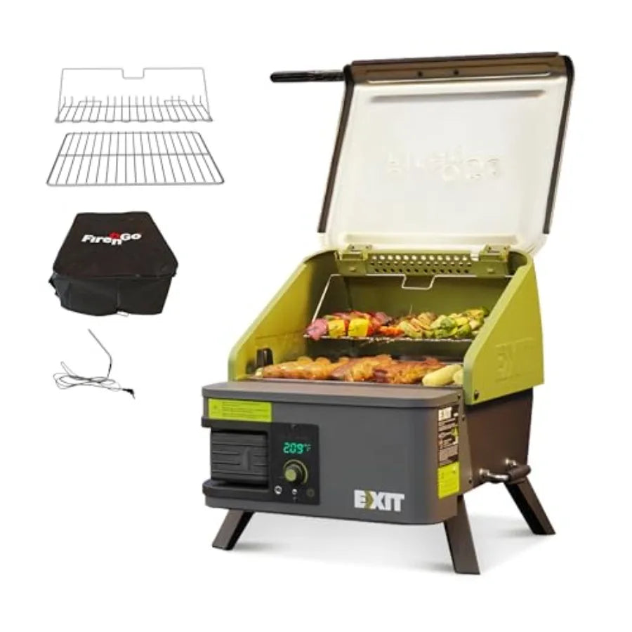EXIT Fire'n'Go 20V Portable Wood Pellet Grill Smoker Electric Tabletop Pellet Smoker 287 Sq.In Cooking Area Temperature Control