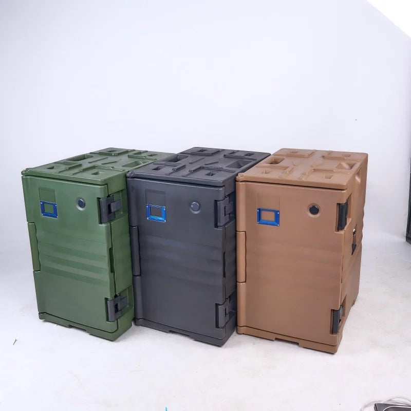 118QT Front Loading Insulated Food Pan Carrier Stackable Catering Dishbox with Wheels W/Handles for Restaurant Canteen