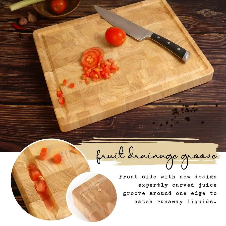 Butcher Block End Grain Cutting Board 17x13x1.5in Reversible Multipurpose Chopping Board with Juice Groove, Cracker Holder amp I