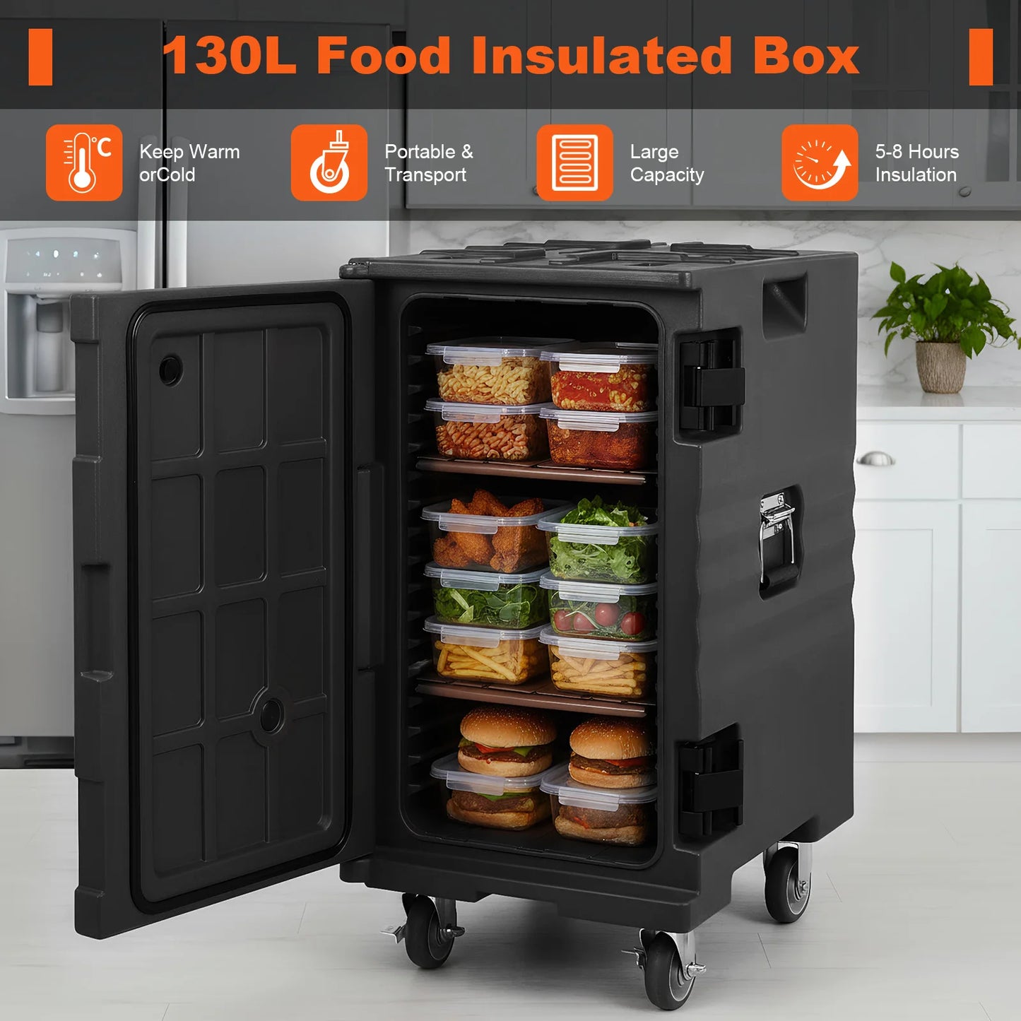 118QT Front Loading Insulated Food Pan Carrier Stackable Catering Dishbox with Wheels W/Handles for Restaurant Canteen