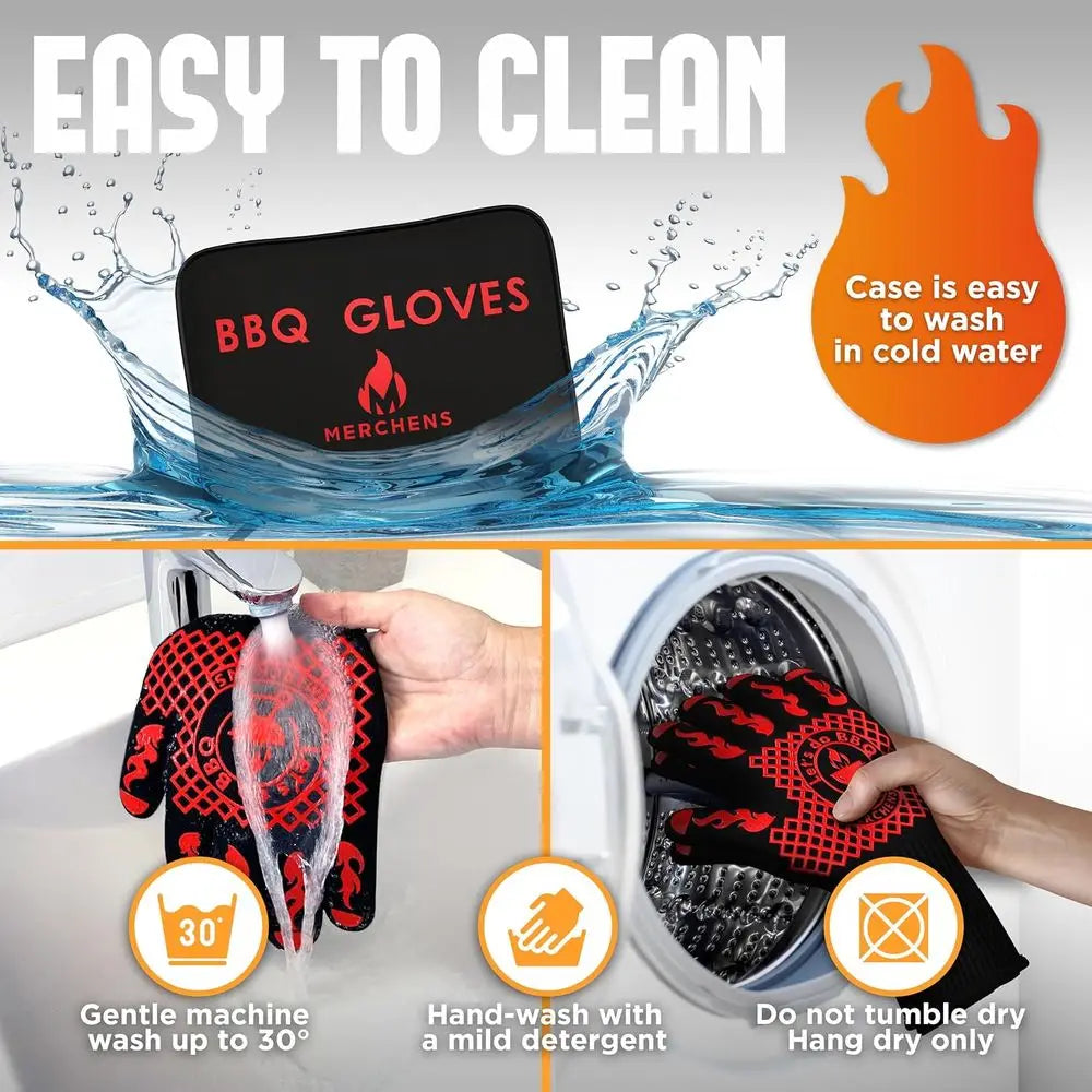 Heat Resistant BBQ Gloves 1472°F - Non-Slip Silicone Mitts for Grilling, Smoking & Baking - Extra-Long, Includes Storage Case