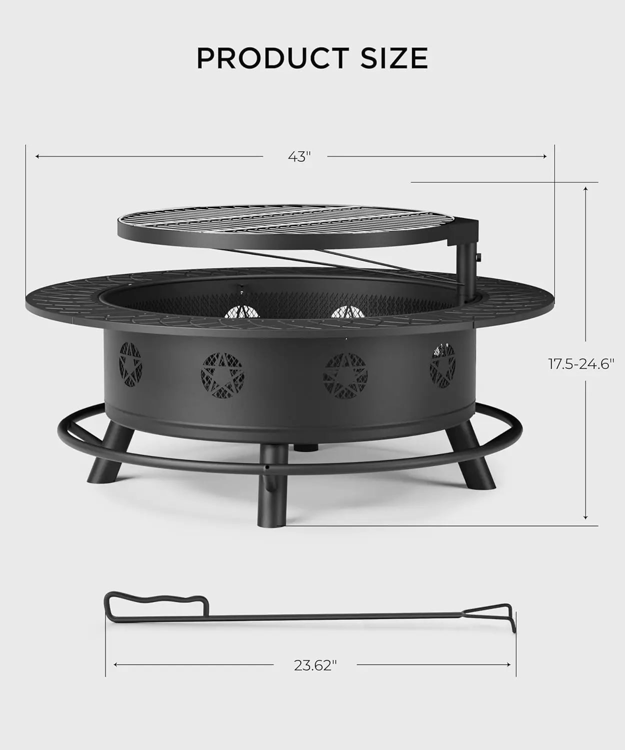 43 Inch Fire Pit with BBQ Grill,  for Outside with Lid & Poker, Extra Large Heavy Duty Firepits,Wood Burning Fire Pits