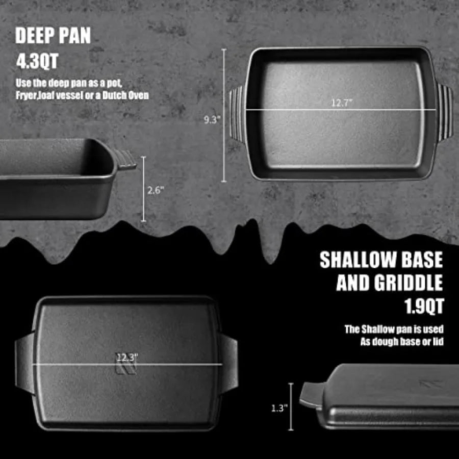 2In1 Pre Seasoned Cast Iron Dutch Oven With Skillet LidCasserole Dish Rectangular Baking Pan Griddle Pot Set 6QT 9x13