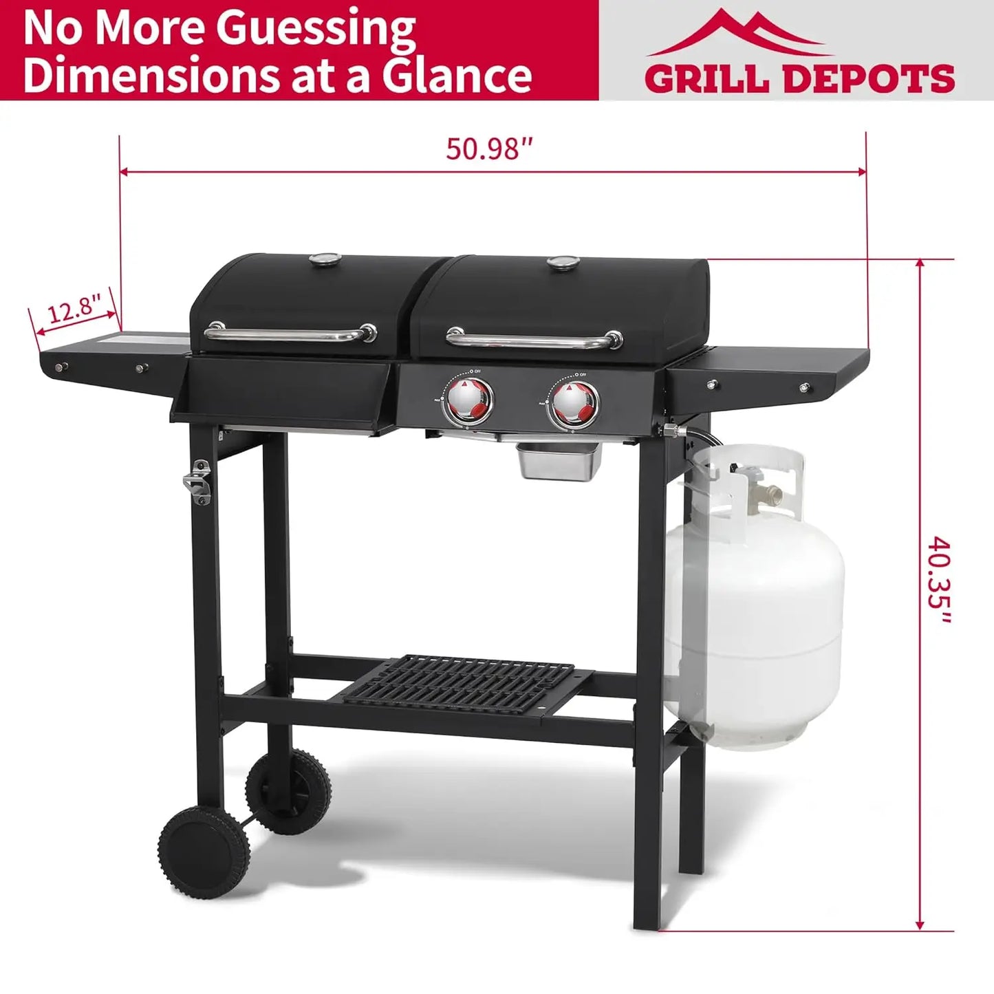 Gas and Charcoal Grill Combo, BBQ Grills with Cast Iron Grill Grates and Stainless Steel Flat Top Griddle, 2 Burner, Customized